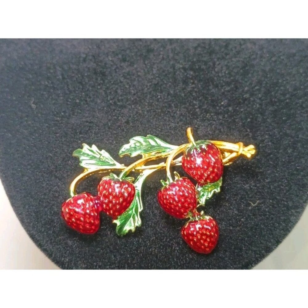 Gold Tone Strawberry Cluster Brooch Pin Red Green Enamel